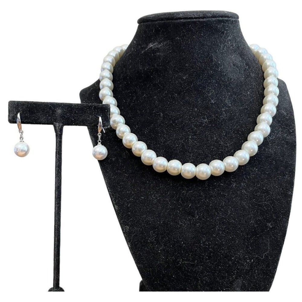 Large Faux Pearl 16" Necklace Sterling Silver Clasp With Pierced Pearl Earrings